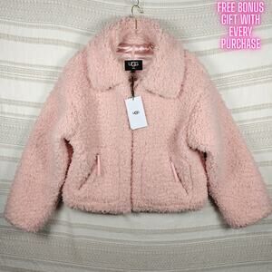 UGG Pink Sherpa Fleece Jacket Zip Front Women’s Size L NWT